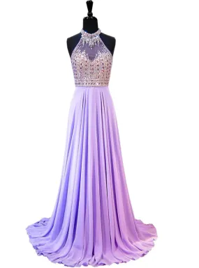 A-line Beaded Crystals Floor Length Backless Lilac Chiffon Prom Dress