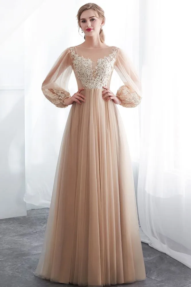 A-line Long Sleeves Appliques Tulle Champagne Evening Dress