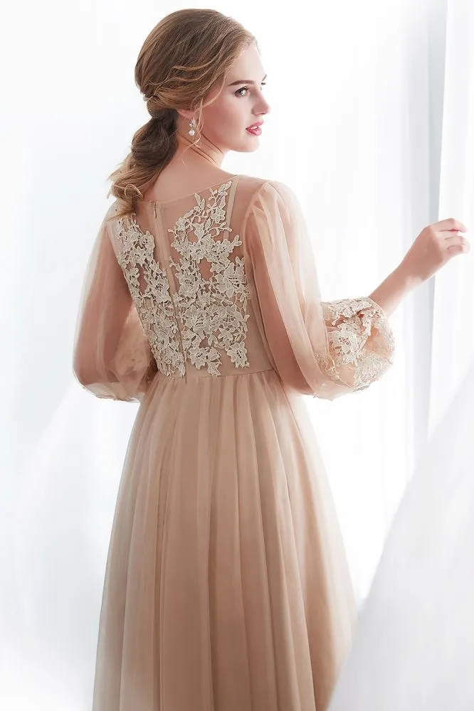 A-line Long Sleeves Appliques Tulle Champagne Evening Dress