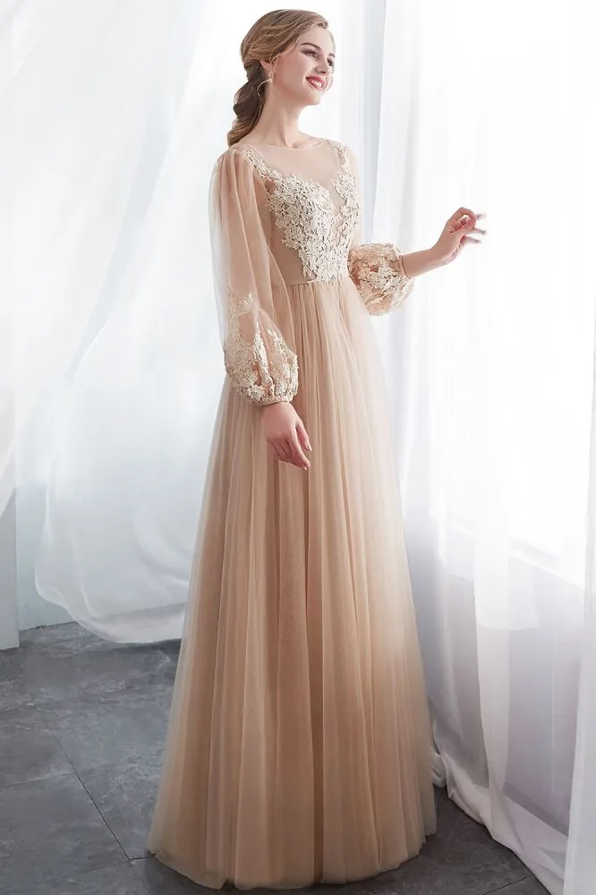 A-line Long Sleeves Appliques Tulle Champagne Evening Dress