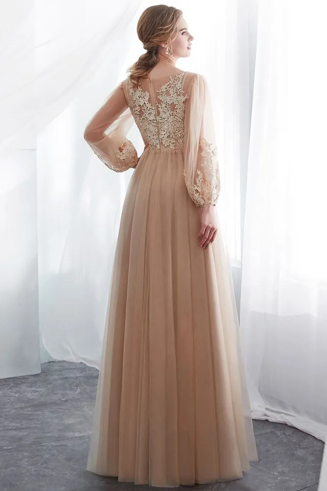 A-line Long Sleeves Appliques Tulle Champagne Evening Dress