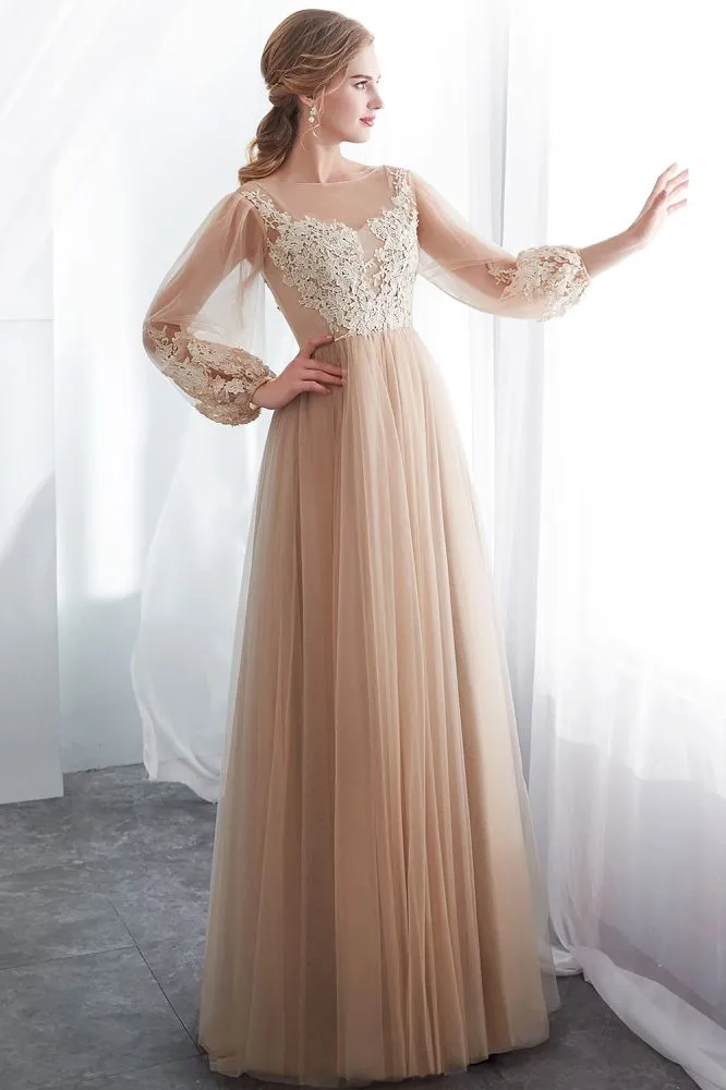 A-line Long Sleeves Appliques Tulle Champagne Evening Dress