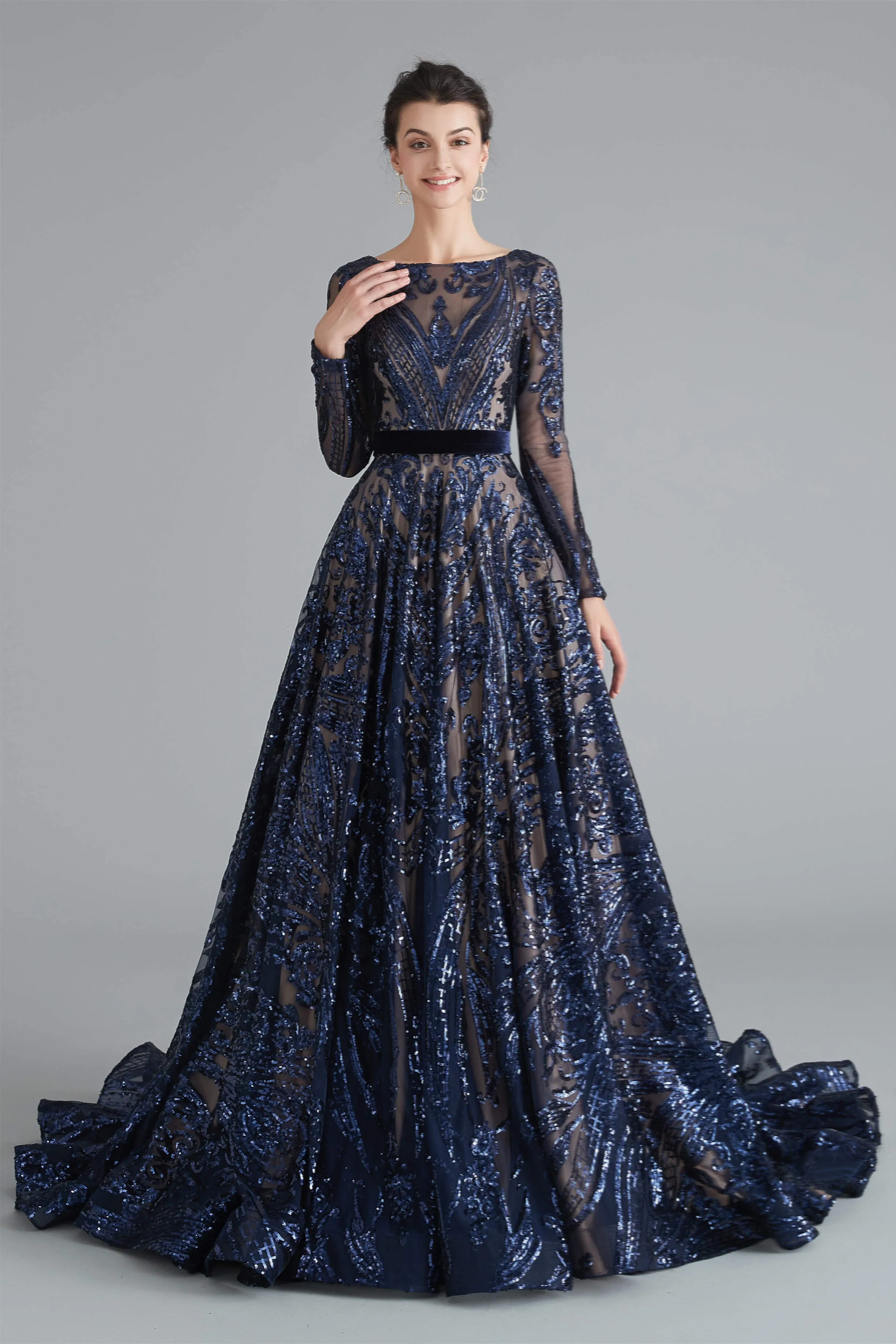 A-Line Luxury Sequins Long Sleeve Backless Prom Dresses