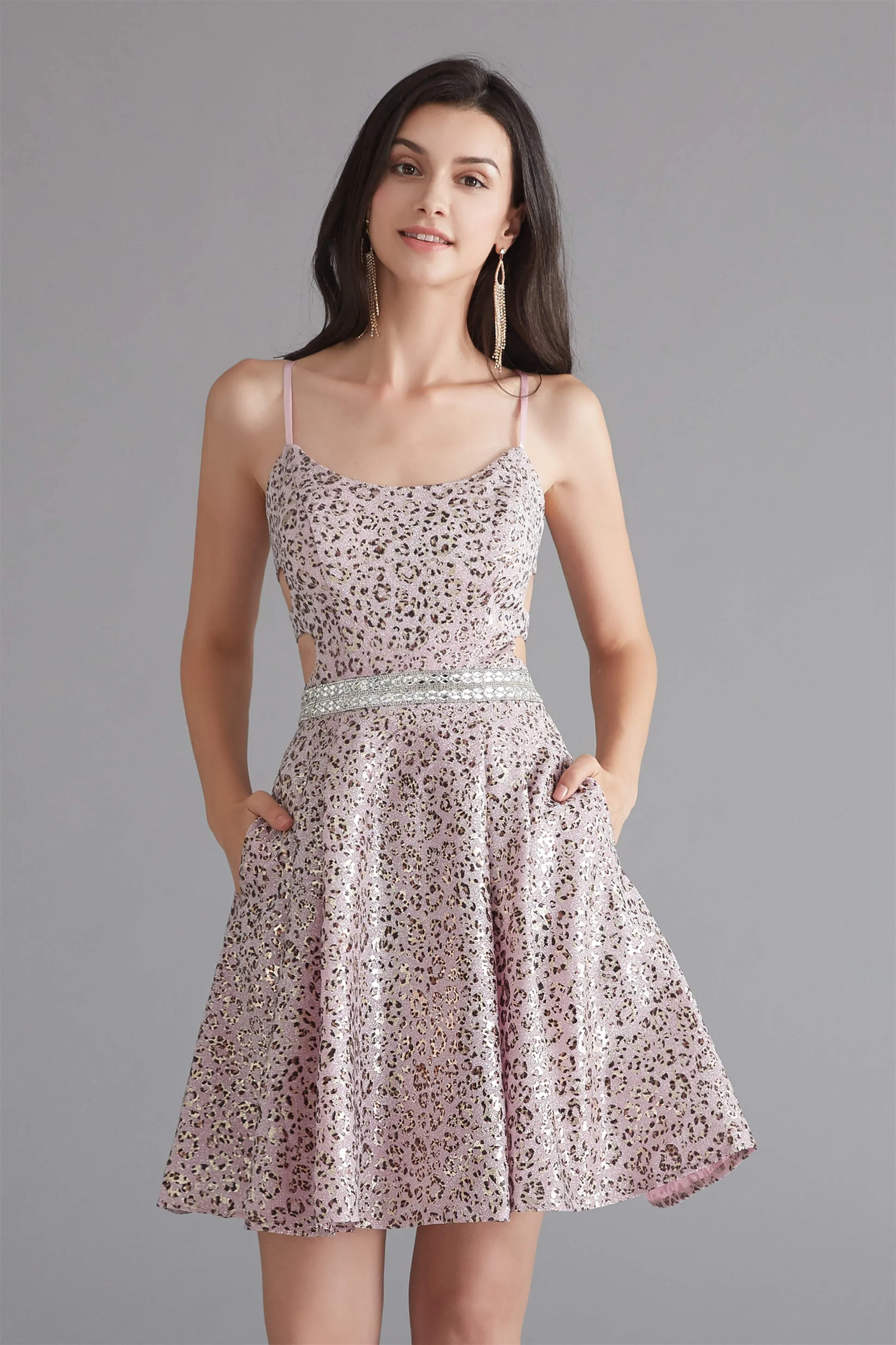 A-Line Pink Leopard Sequins Spaghetti Straps Cross Back Homecoming Dresses