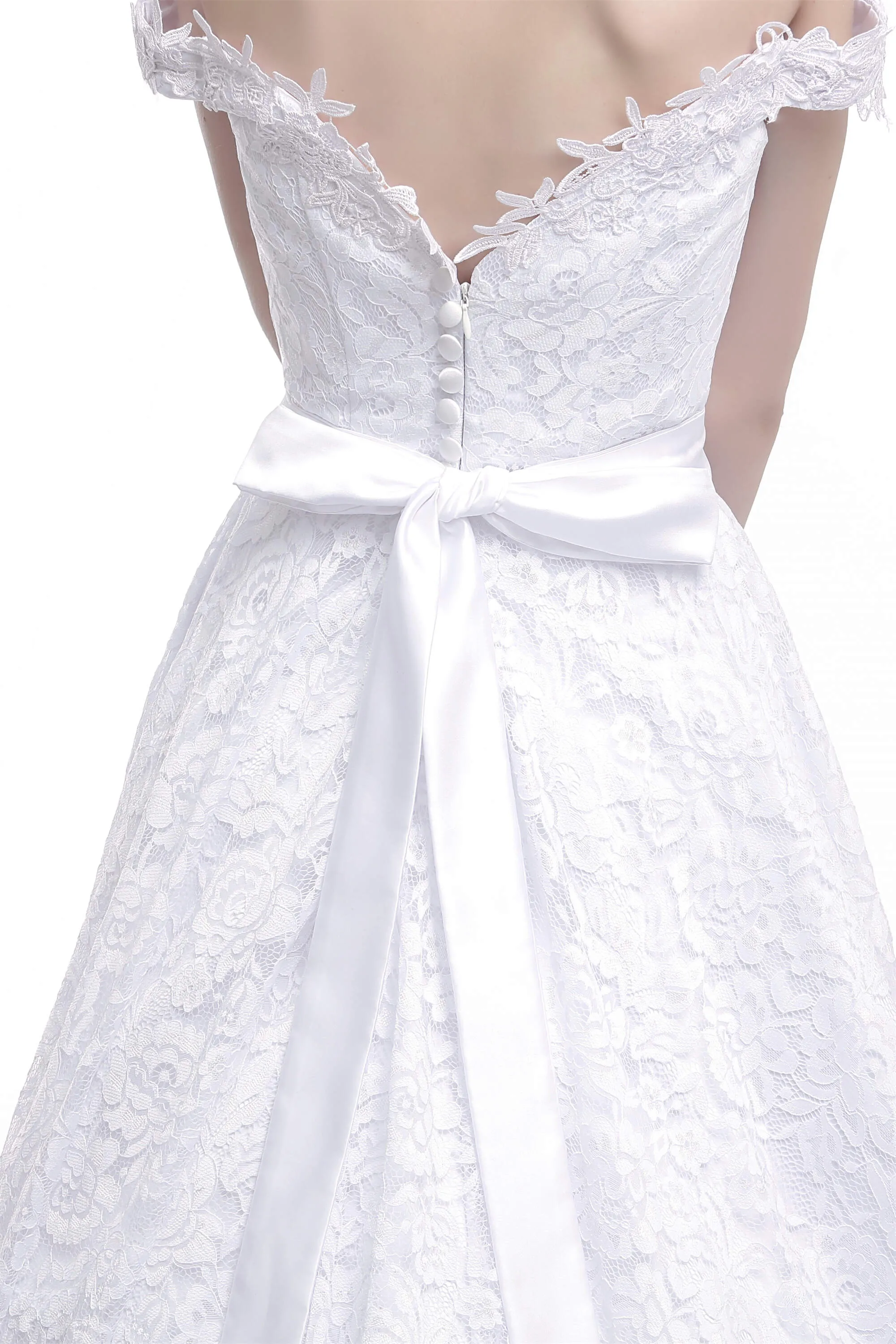 A Line Tea Length Lace Off Shoulder Mid-length Wedding Dresses