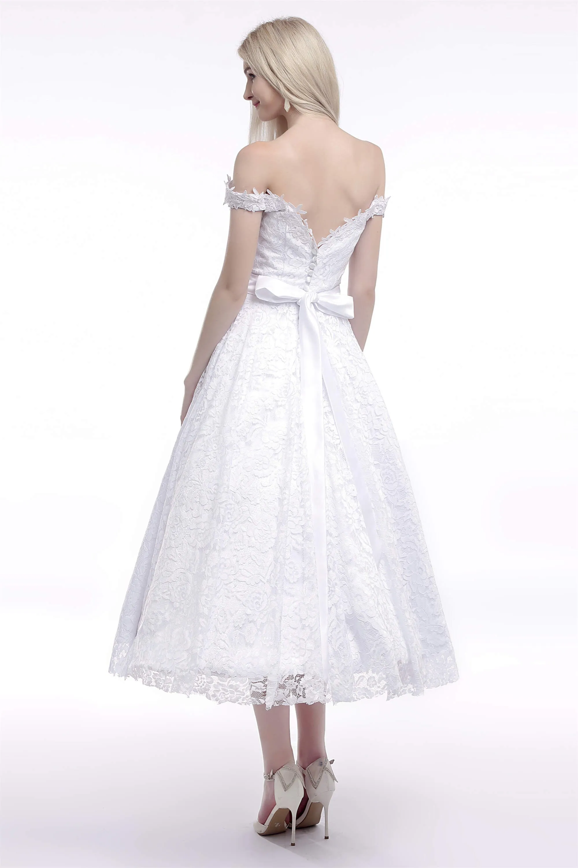 A Line Tea Length Lace Off Shoulder Mid-length Wedding Dresses