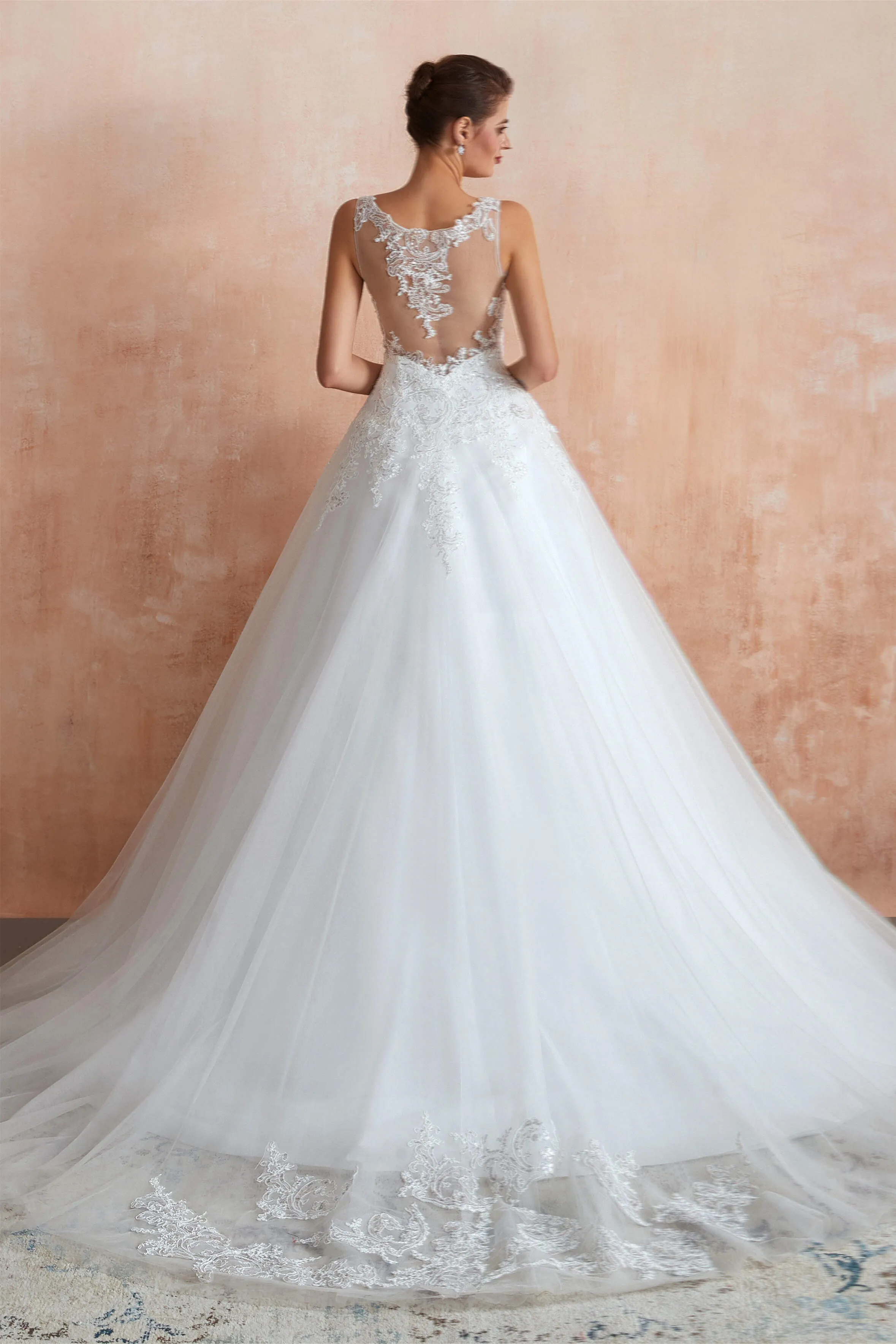 A-line with Sequined Appliques Tulle Illusion Back Wedding Dresses