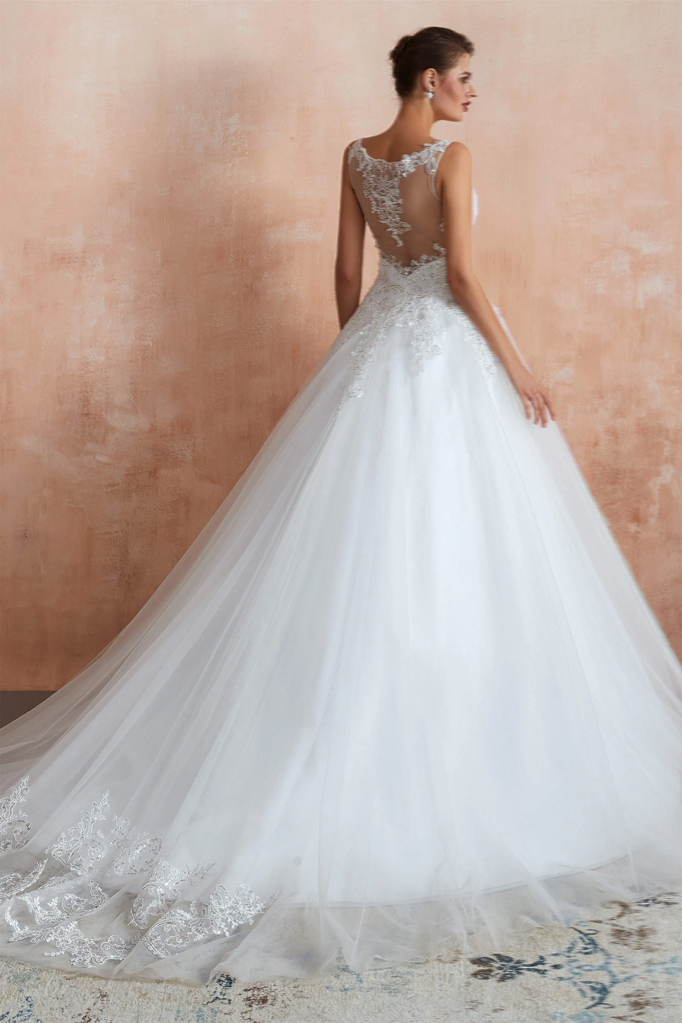 A-line with Sequined Appliques Tulle Illusion Back Wedding Dresses