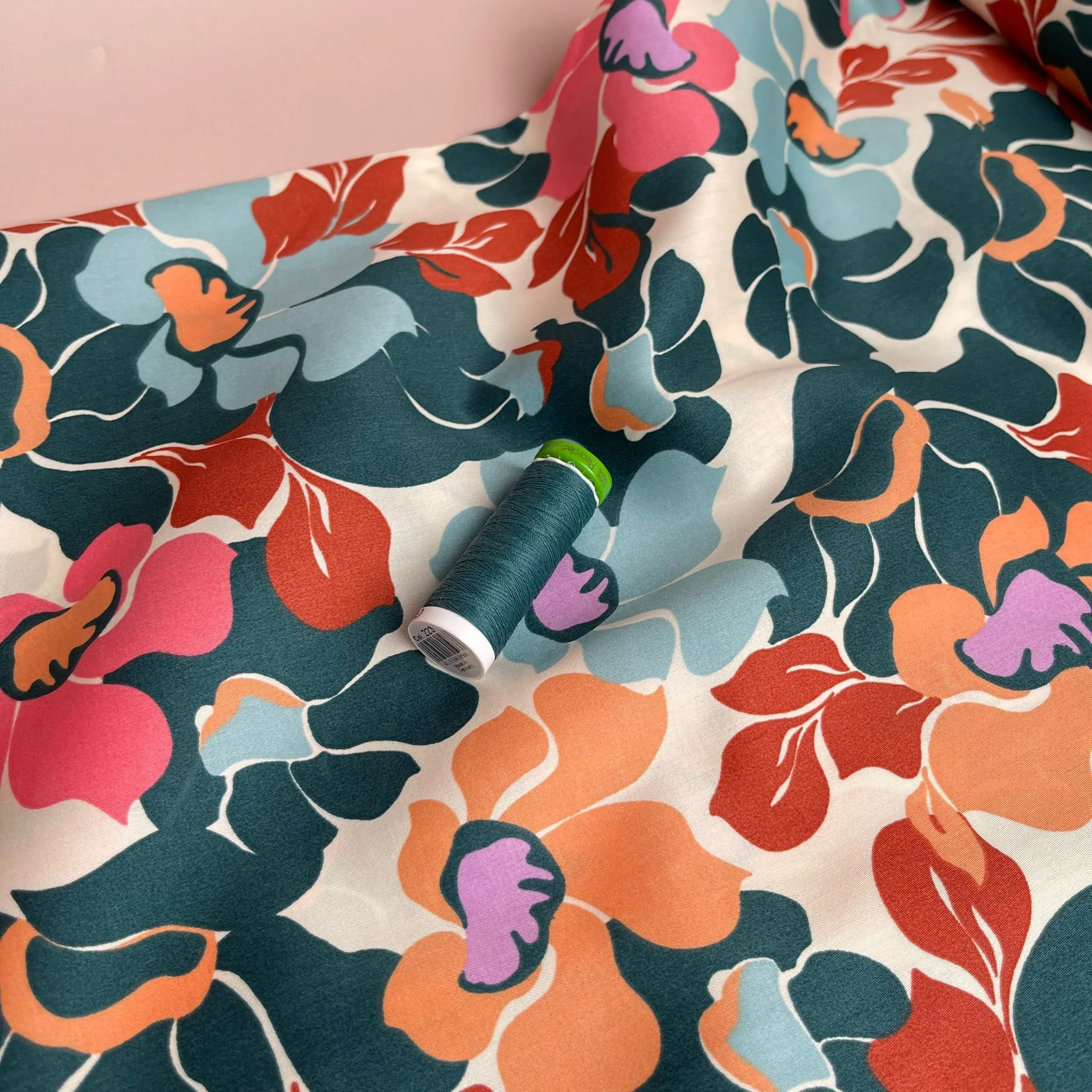 Abstract Coral and Blue Blooms Cotton Sateen Fabric