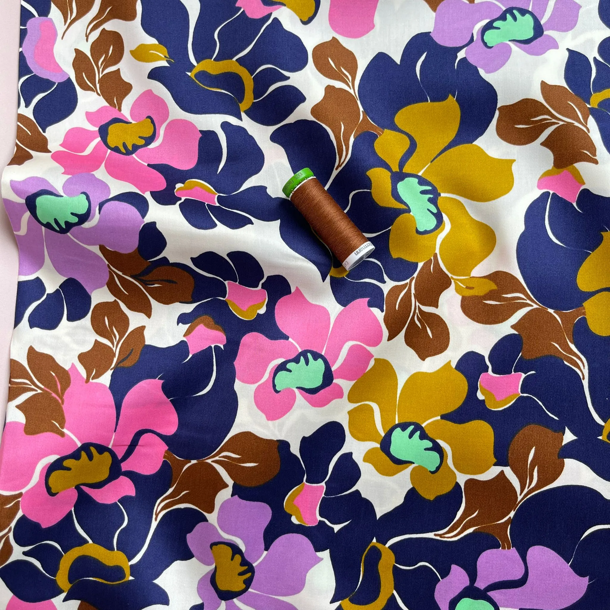 Abstract Pink and Purple Blooms Cotton Sateen Fabric