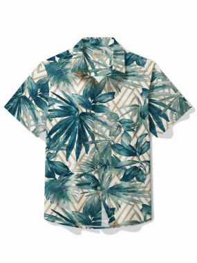 Alohadaddy Hawaii Botanical Floral Geometric Print Men's Button Pocket Short Sleeve Shirt