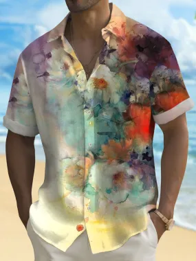 Alohadaddy Hawaiian Art Floral Print Men's Button Pocket Short Sleeve Shirt