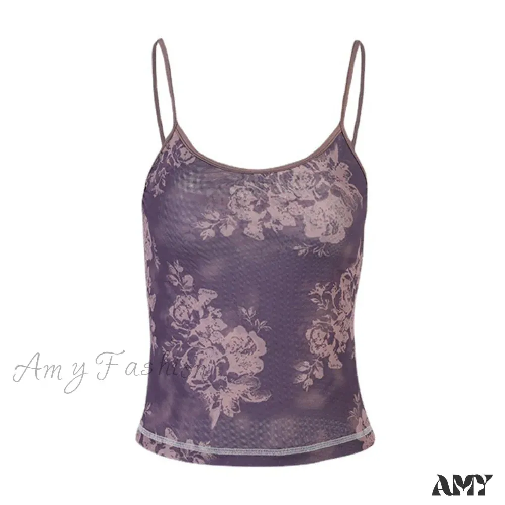 Amy Fashion - Y2k Mesh Sheer Floral T-Shirts