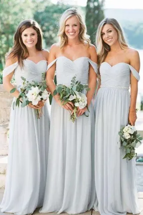 Anneprom A-line Chiffon Off The Shoulder Silver Beach Bridesmaid Dresses APB0002