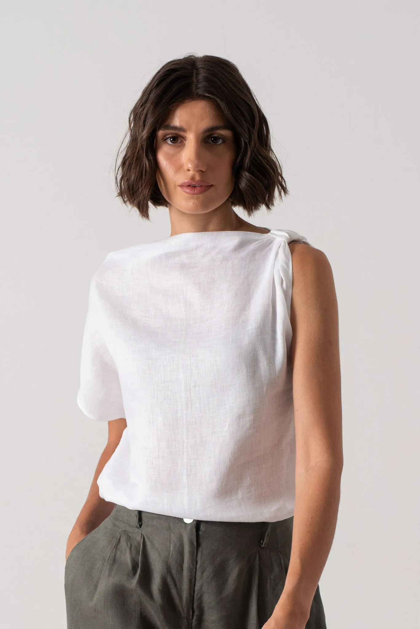 Asymmetrical Linen Knot Top White