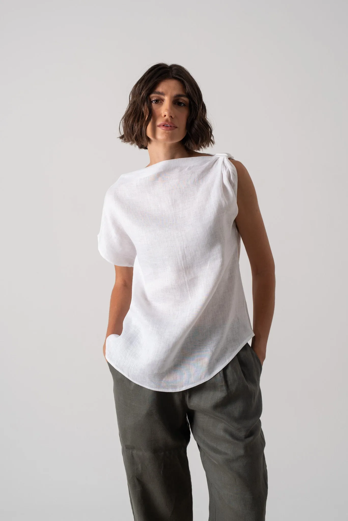 Asymmetrical Linen Knot Top White