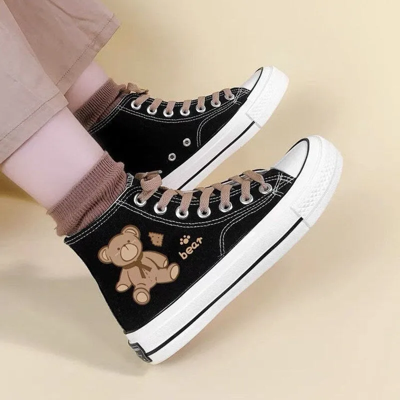 Autumn Bear Espadrilles Woman  Fashion Black Canvas Sneakers Casual Ladies Footwear Cartoon Print Student Daily Shoes