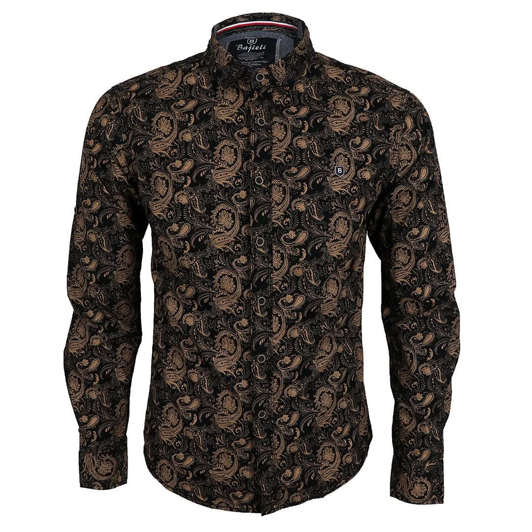 Badgley Vintage Floral Dark brown Velvet Long Sleeve Button Down Shirt