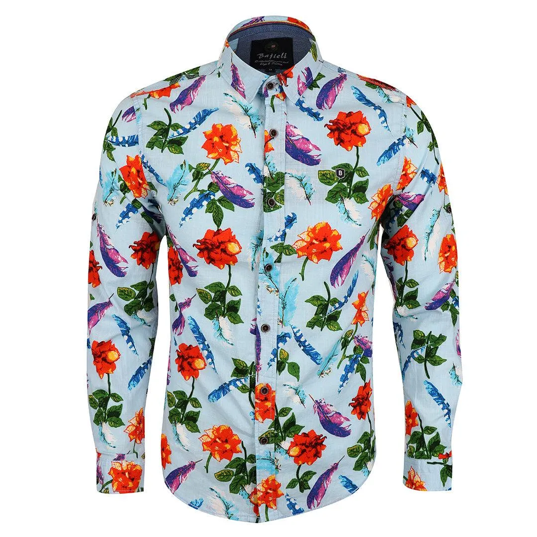 Baijieli Floral Sunflower Long Sleeve Slim Fit Button Up-Brown-Sky Blue