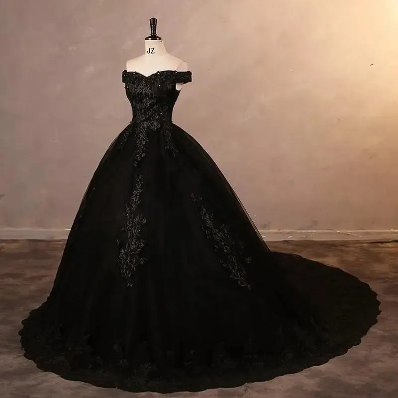 Black Elegant Off The Shoulder A-line Wedding Dress