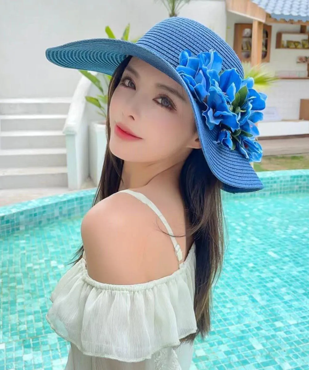 Boutique Blue Floral Straw Woven Holiday Sun Hat YU1004