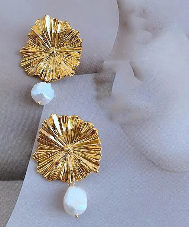 Boutique Yellow Copper Overgild Little Daisy Pearl Tassel Drop Earrings