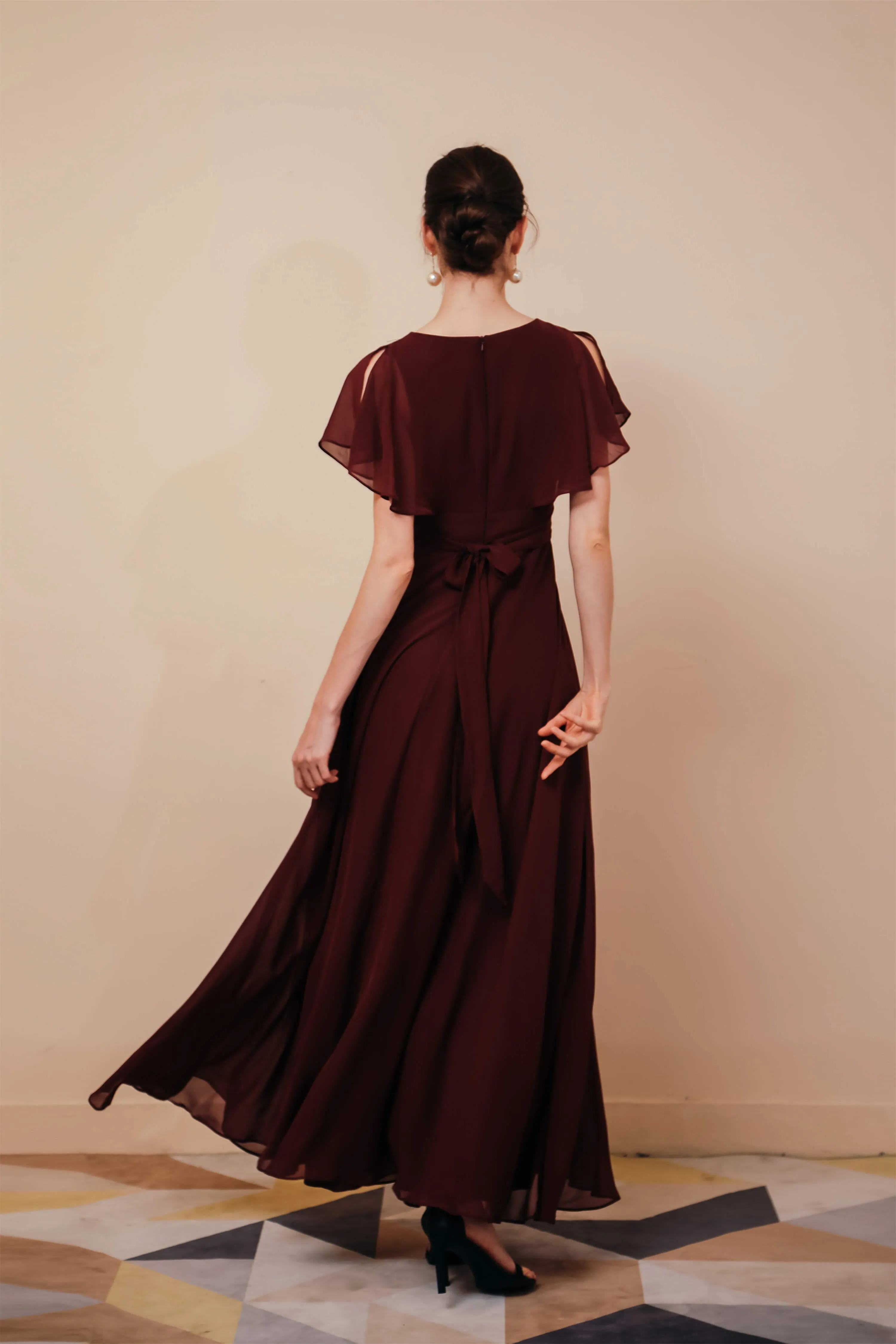 Burgundy V-Neck Chiffon A Line Long Prom Dresses