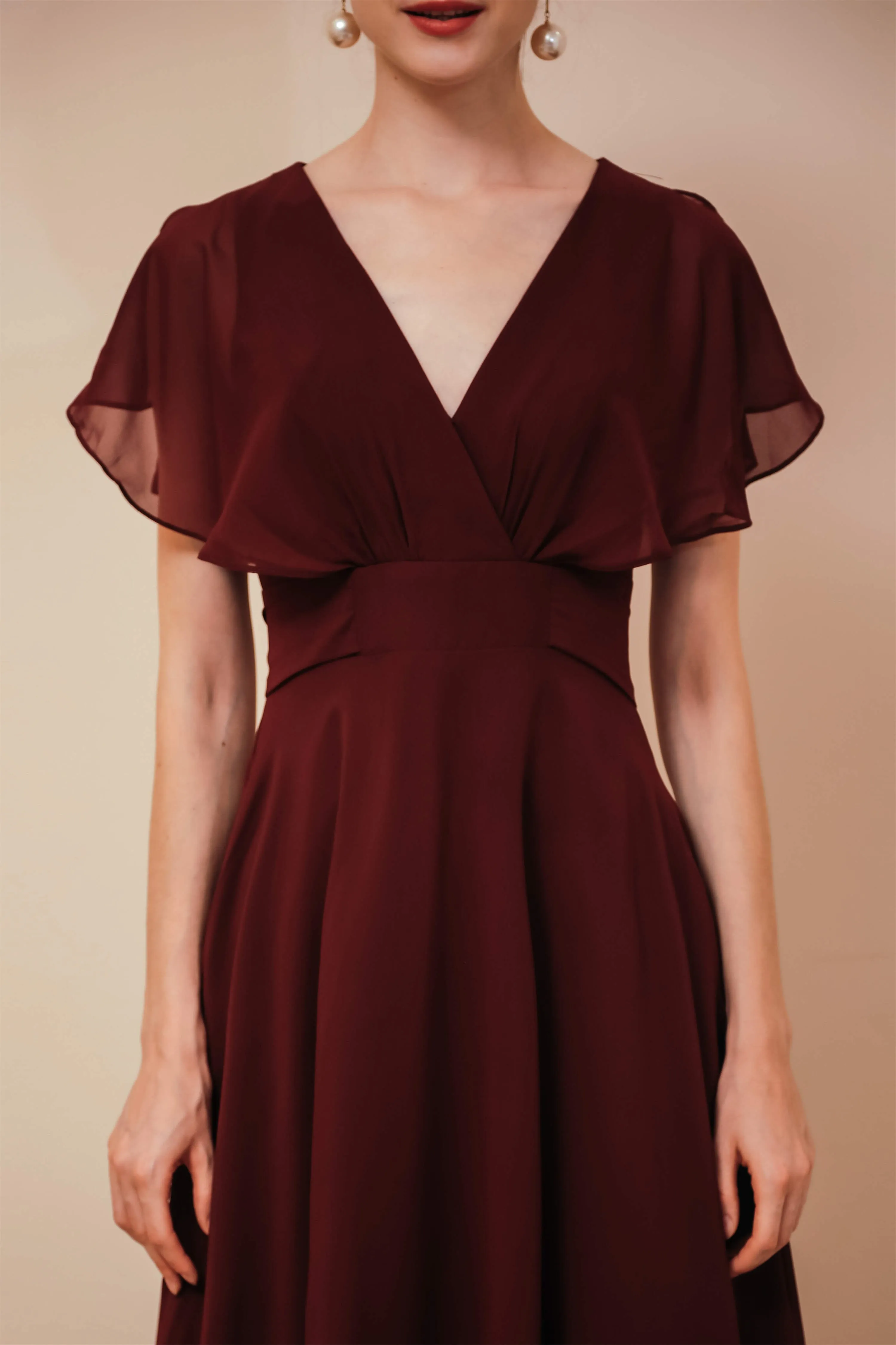 Burgundy V-Neck Chiffon A Line Long Prom Dresses