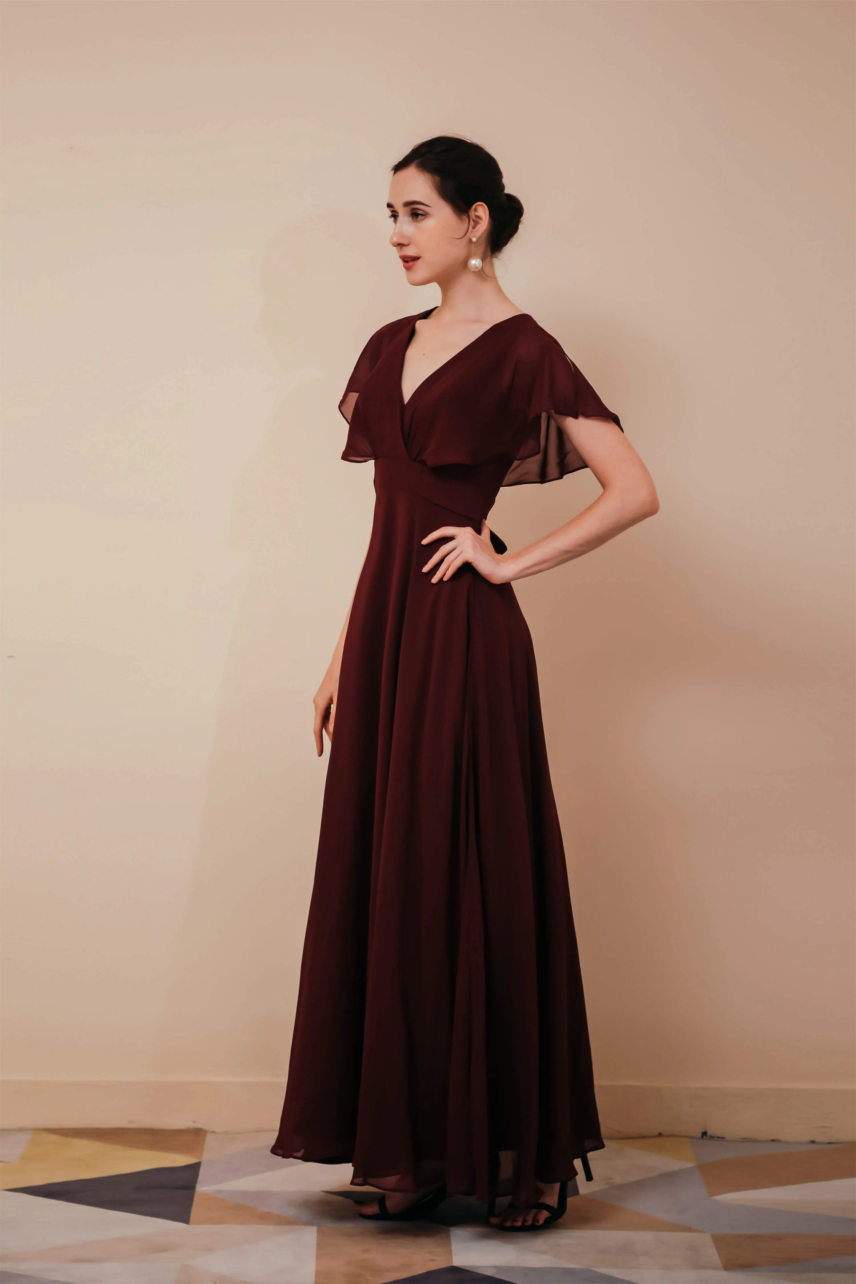 Burgundy V-Neck Chiffon A Line Long Prom Dresses