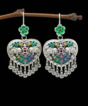 Casual Green Sterling Silver Heart Floral Tassel Drop Earrings LY2027