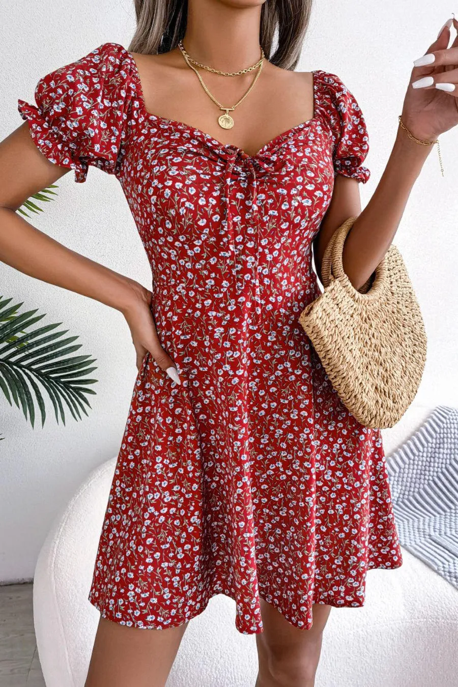 Chic and Comfy Floral A-Line Dress with Tie Front and Square Open Back