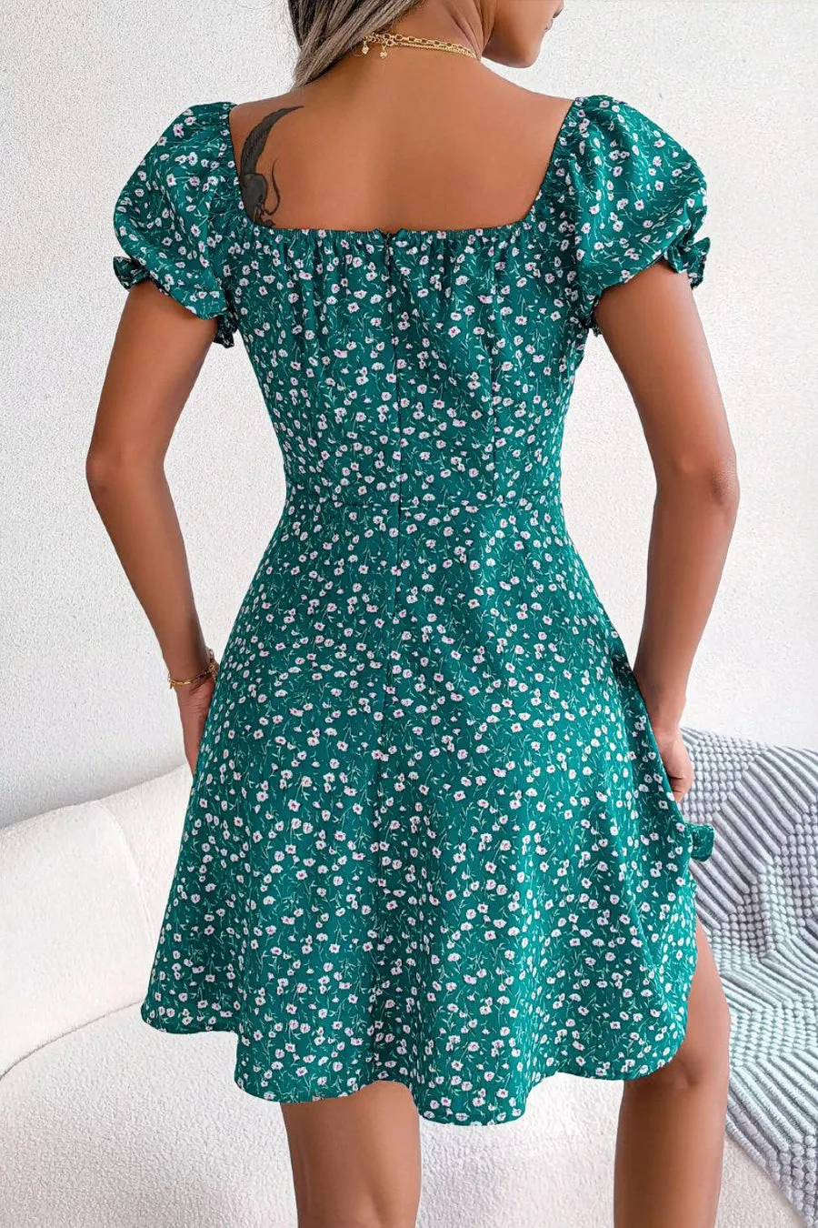 Chic and Comfy Floral A-Line Dress with Tie Front and Square Open Back