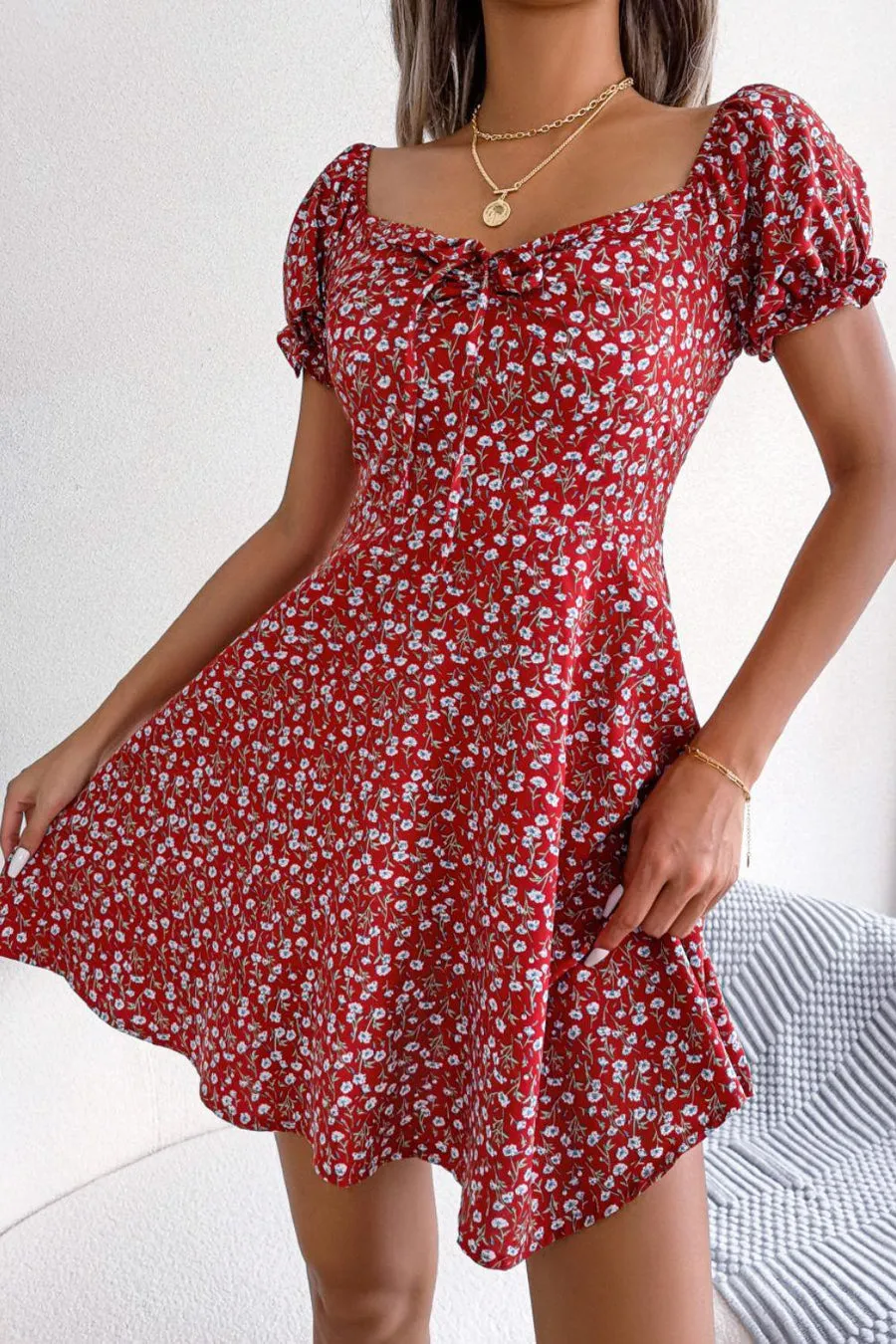 Chic and Comfy Floral A-Line Dress with Tie Front and Square Open Back