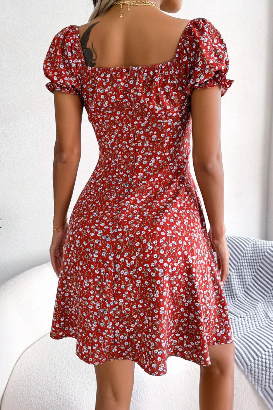 Chic and Comfy Floral A-Line Dress with Tie Front and Square Open Back