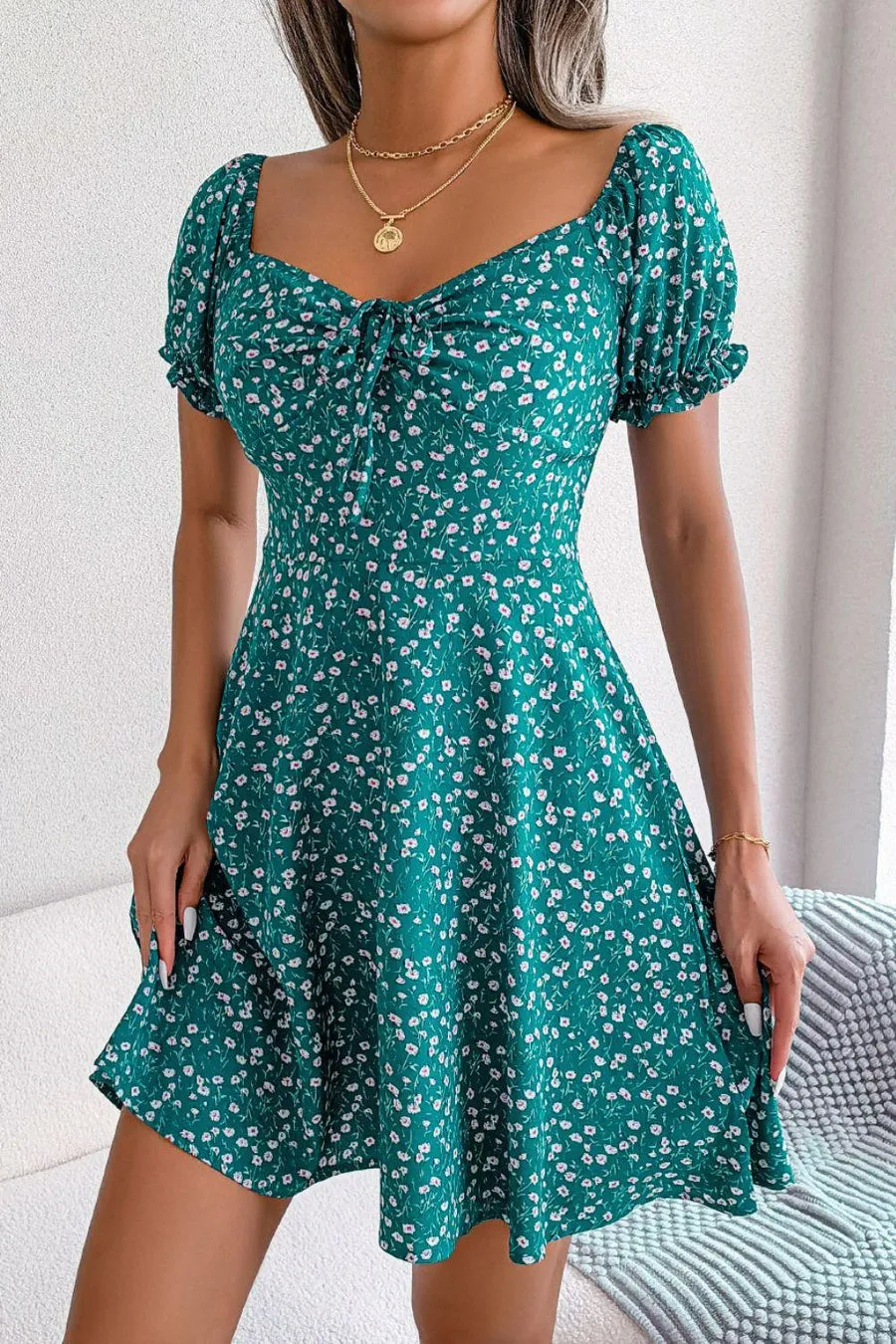 Chic and Comfy Floral A-Line Dress with Tie Front and Square Open Back