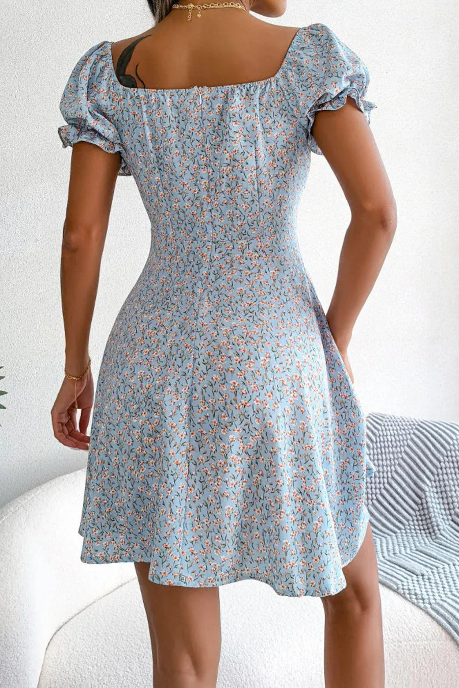 Chic and Comfy Floral A-Line Dress with Tie Front and Square Open Back