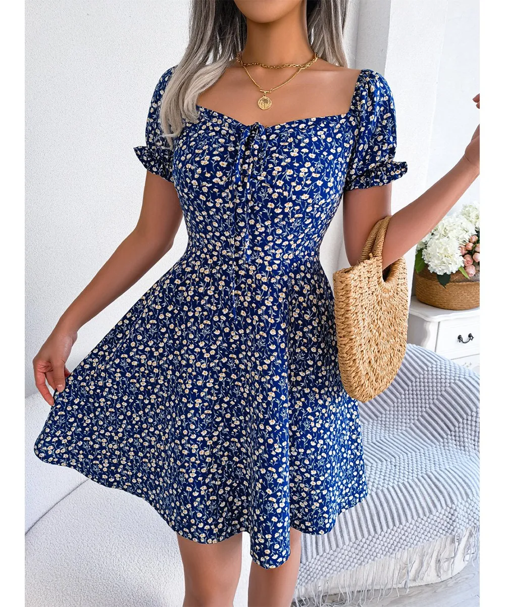 Chic and Comfy Floral A-Line Dress with Tie Front and Square Open Back