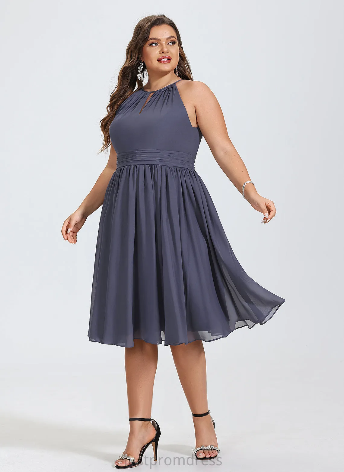 Chiffon Round Sleeveless Ruffle Chiffon Midi Neck Dresses Club Dresses Jakayla A-line