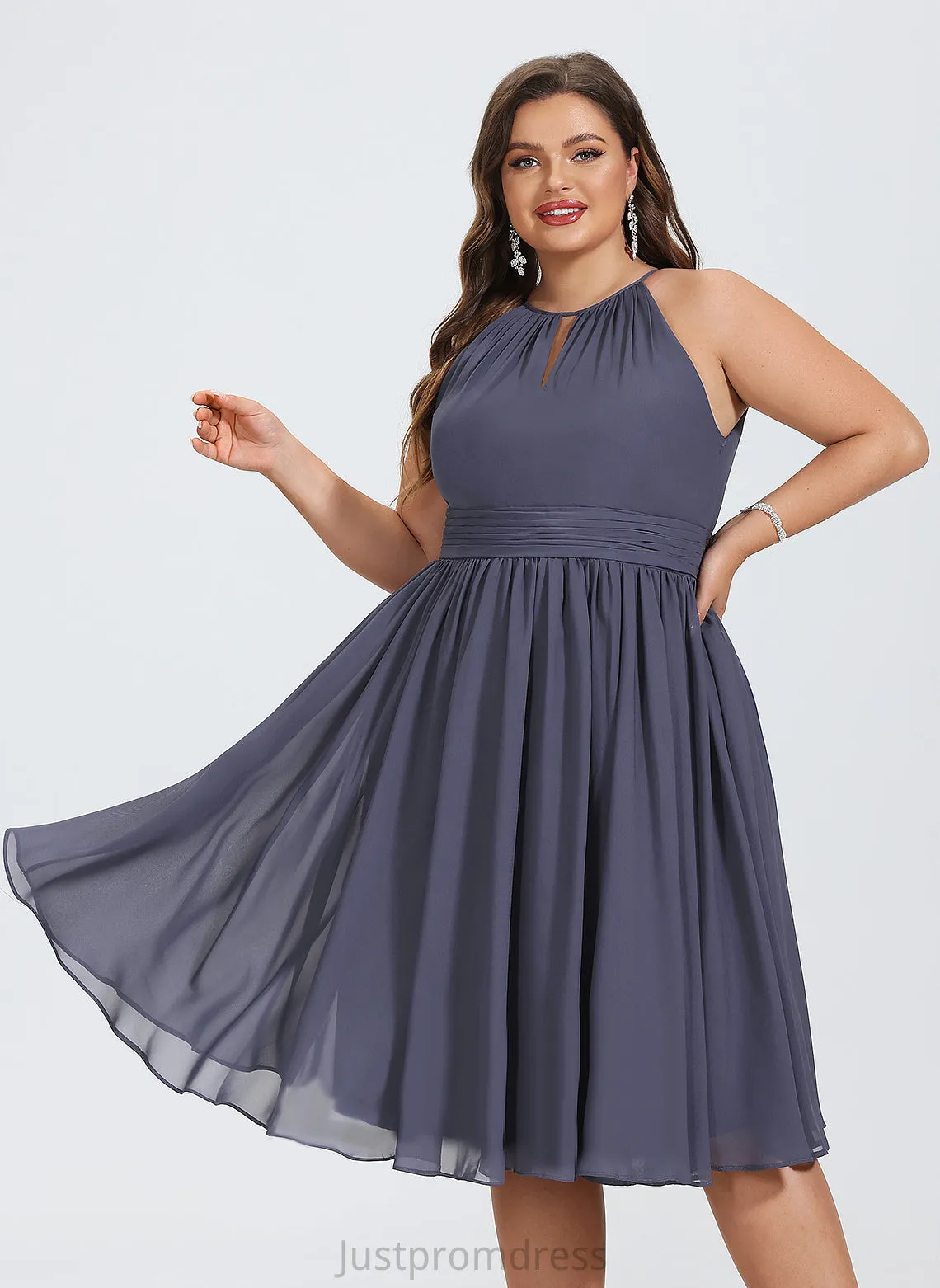 Chiffon Round Sleeveless Ruffle Chiffon Midi Neck Dresses Club Dresses Jakayla A-line