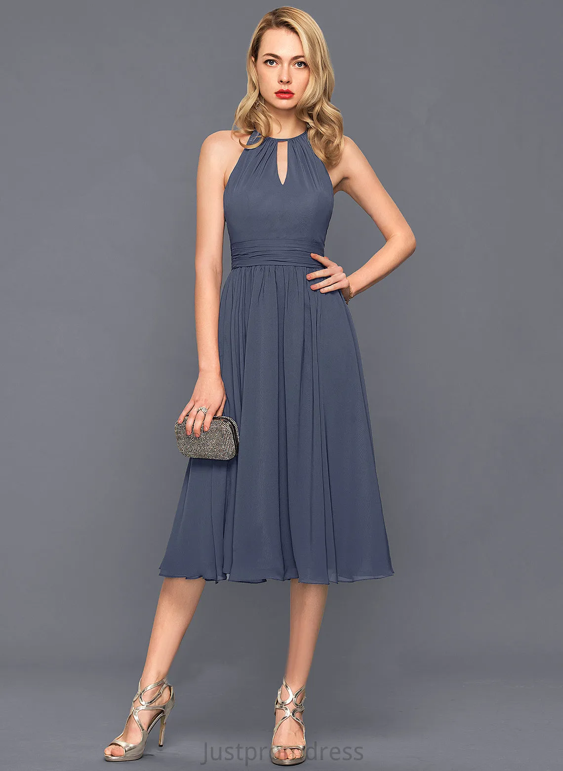 Chiffon Round Sleeveless Ruffle Chiffon Midi Neck Dresses Club Dresses Jakayla A-line