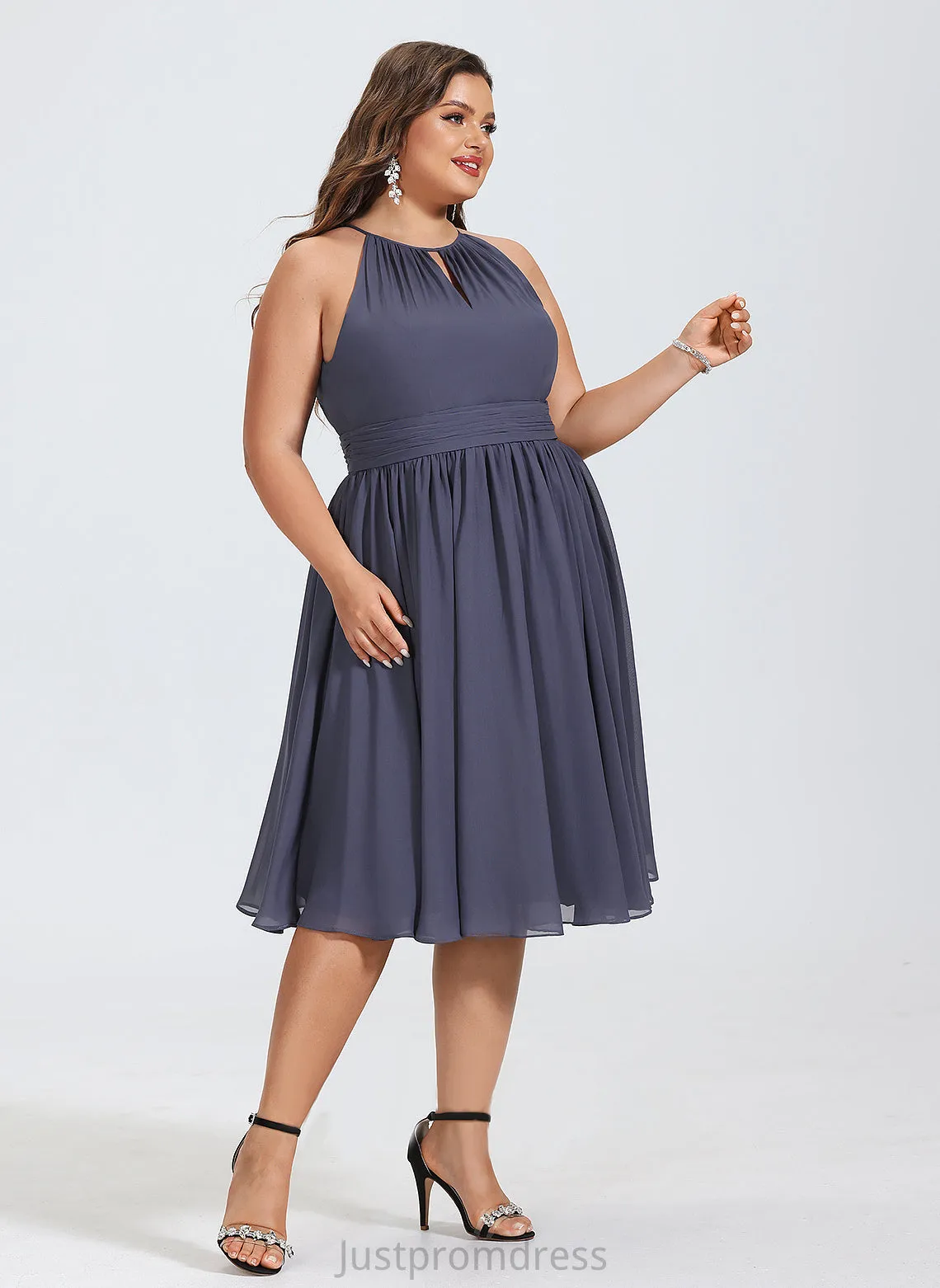 Chiffon Round Sleeveless Ruffle Chiffon Midi Neck Dresses Club Dresses Jakayla A-line