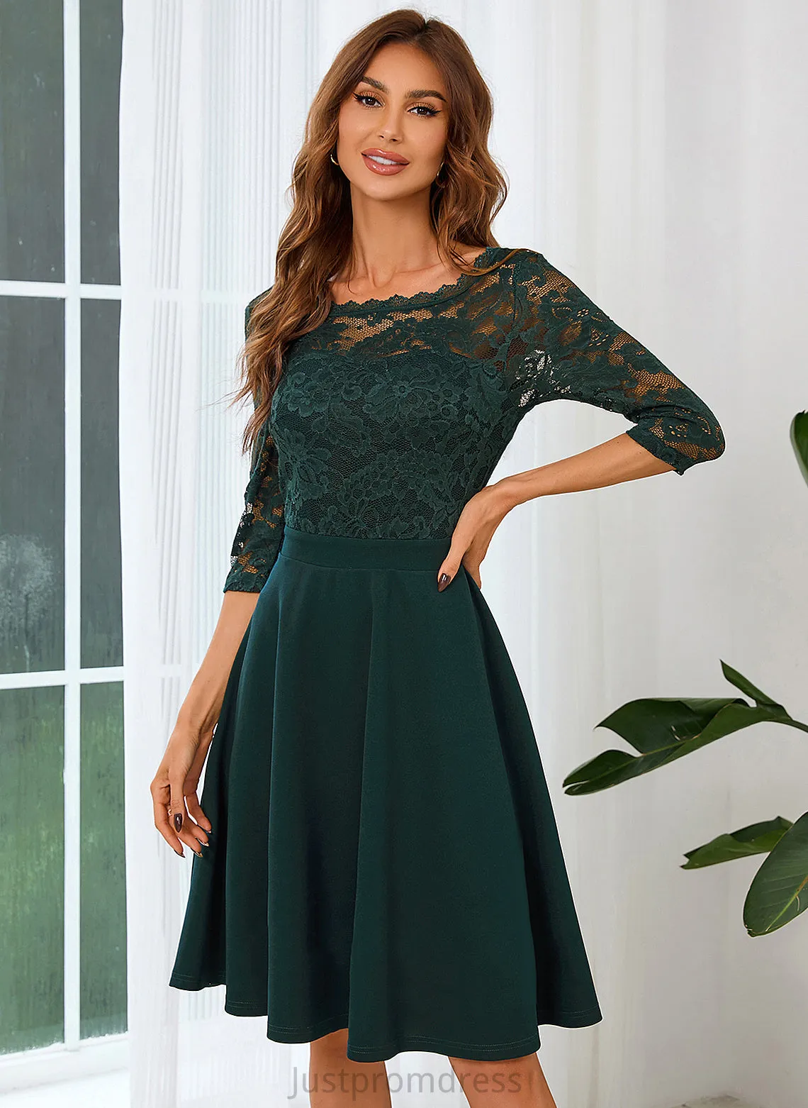 Club Dresses A-line Dresses Lace Mini 3/4 Lillie Blends Round Neck Cotton Sleeves Elegant