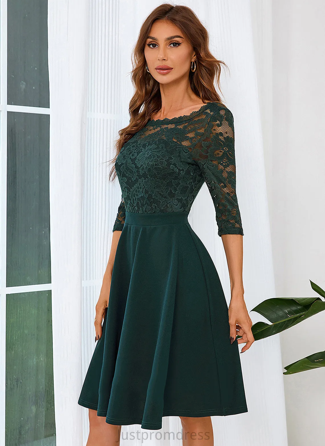 Club Dresses A-line Dresses Lace Mini 3/4 Lillie Blends Round Neck Cotton Sleeves Elegant