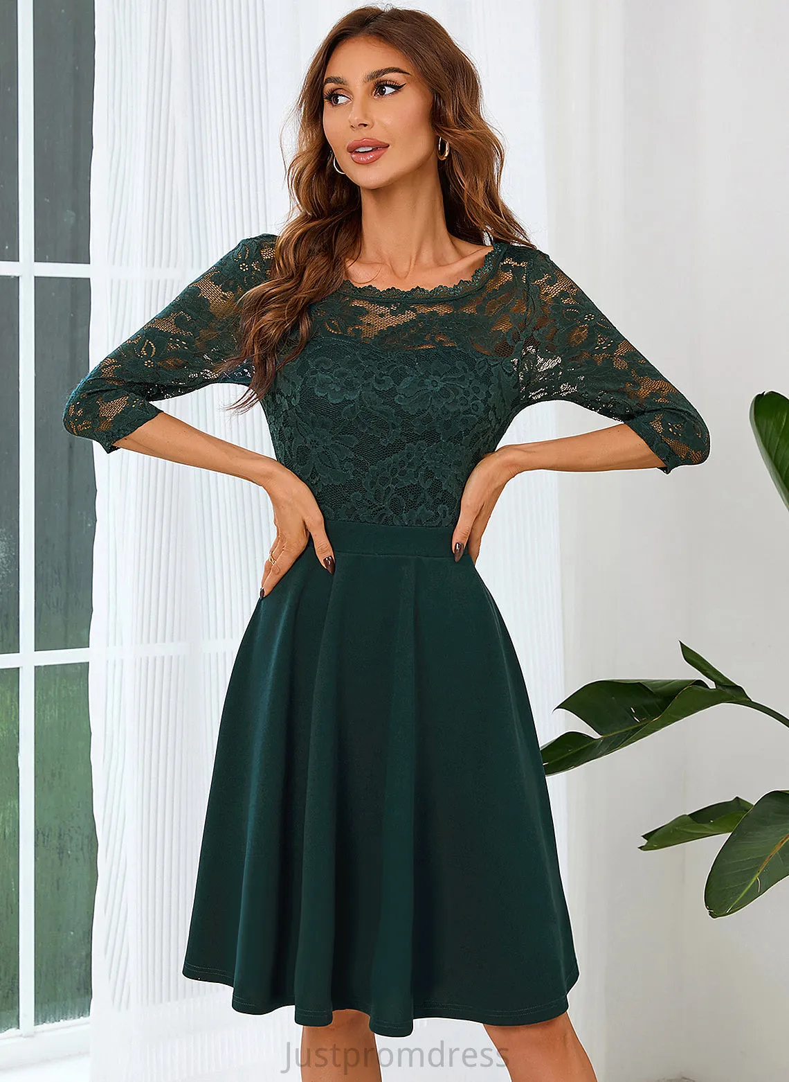 Club Dresses A-line Dresses Lace Mini 3/4 Lillie Blends Round Neck Cotton Sleeves Elegant