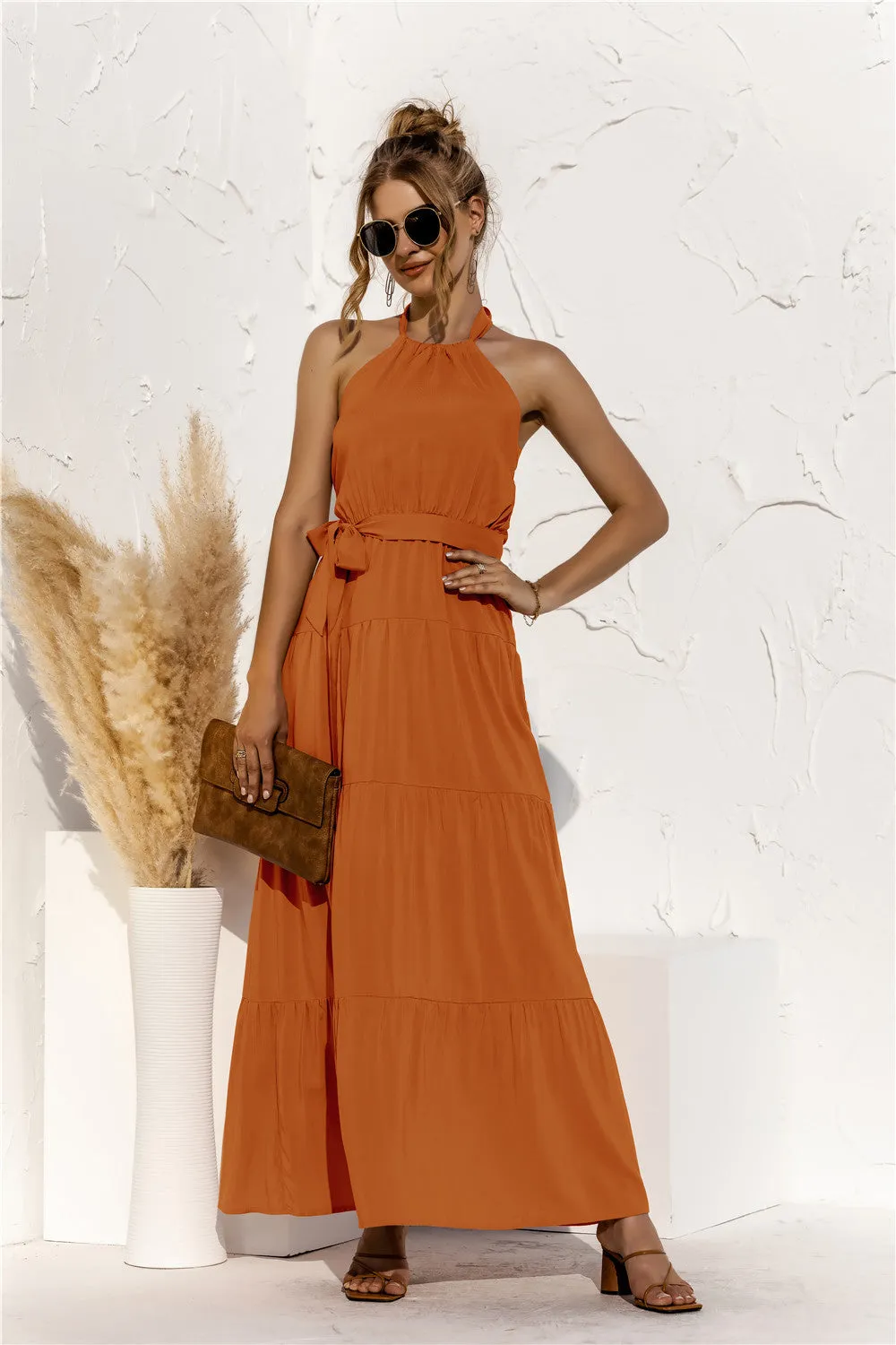 Collar Tie Waist Tiered Maxi Dress