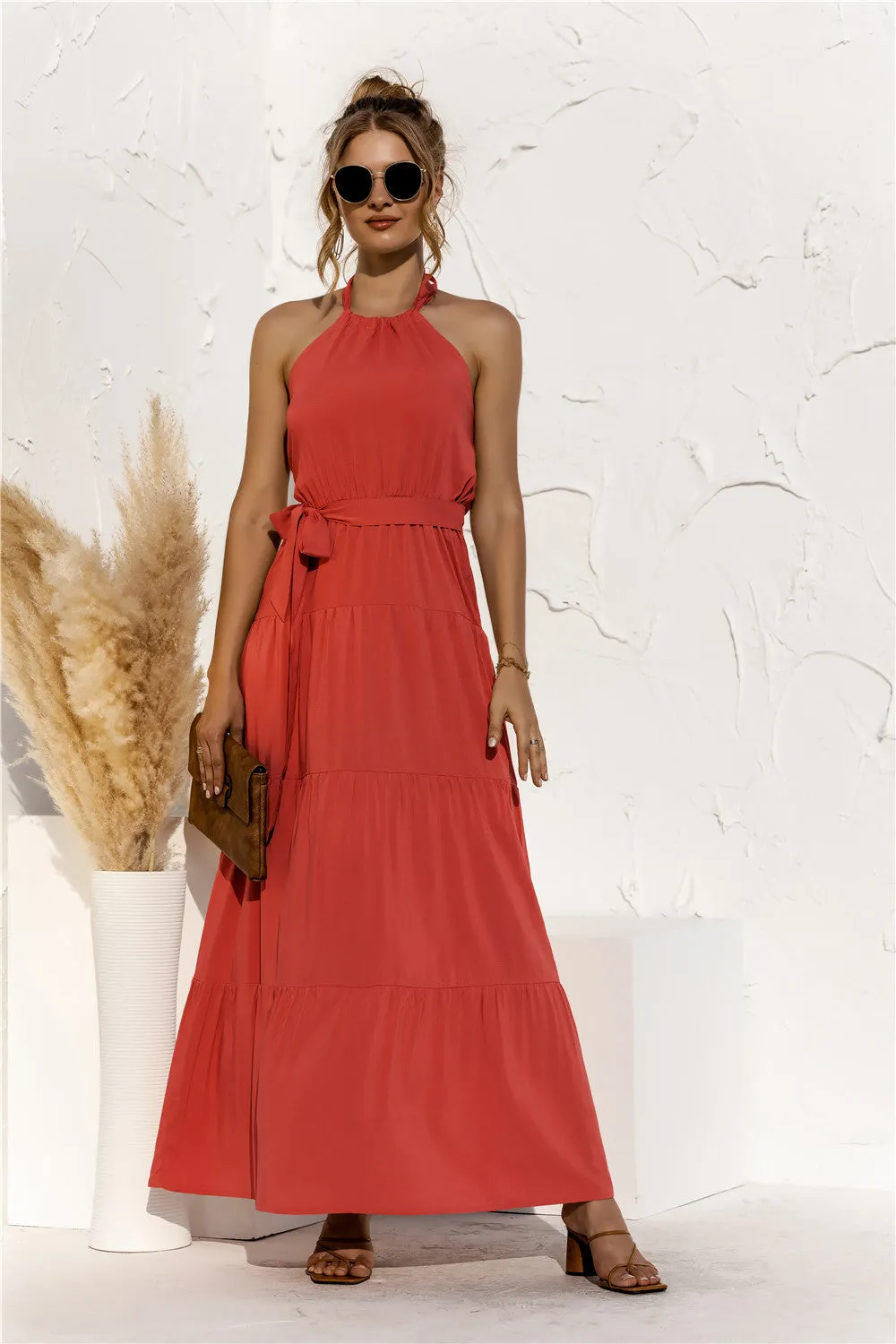 Collar Tie Waist Tiered Maxi Dress