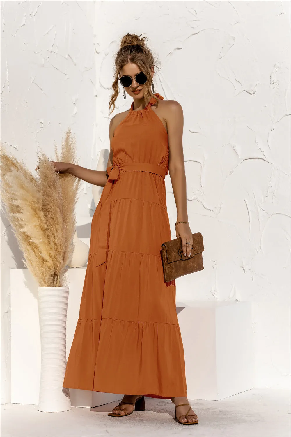 Collar Tie Waist Tiered Maxi Dress