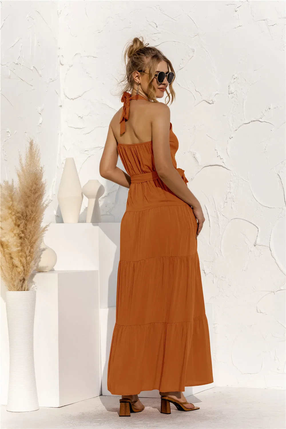 Collar Tie Waist Tiered Maxi Dress