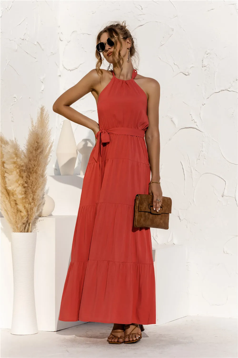 Collar Tie Waist Tiered Maxi Dress