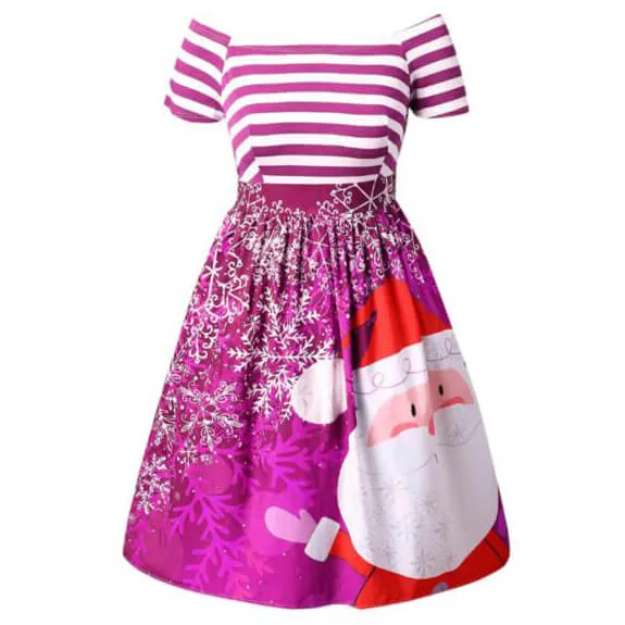 Cute Santa Print Striped Plus Size Dress